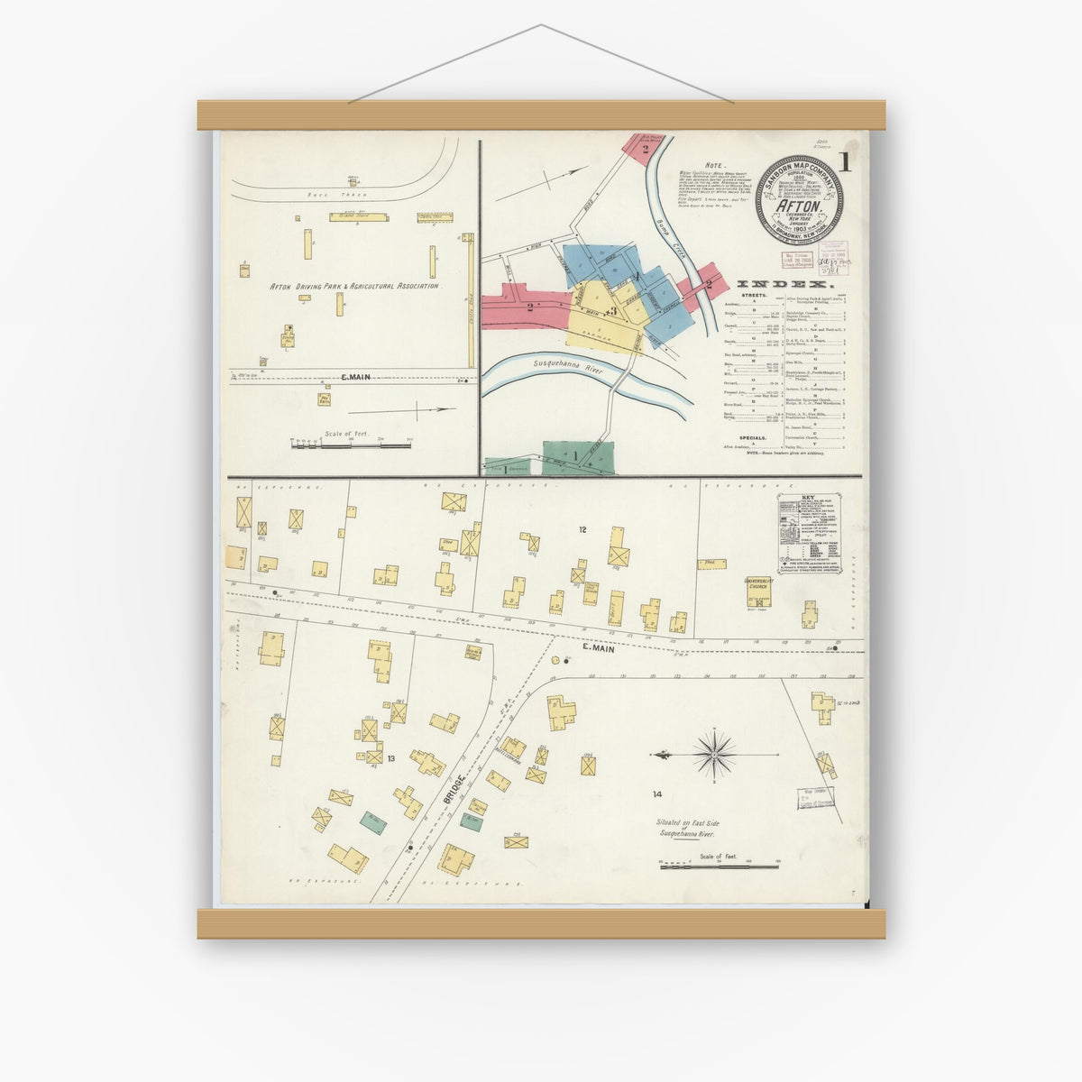 Old map wall art mockup — magnetic wood frame on white wall — Sanborn Fire Insurance Map from Afton, Chenango County, New York (1903), Sheet #0001