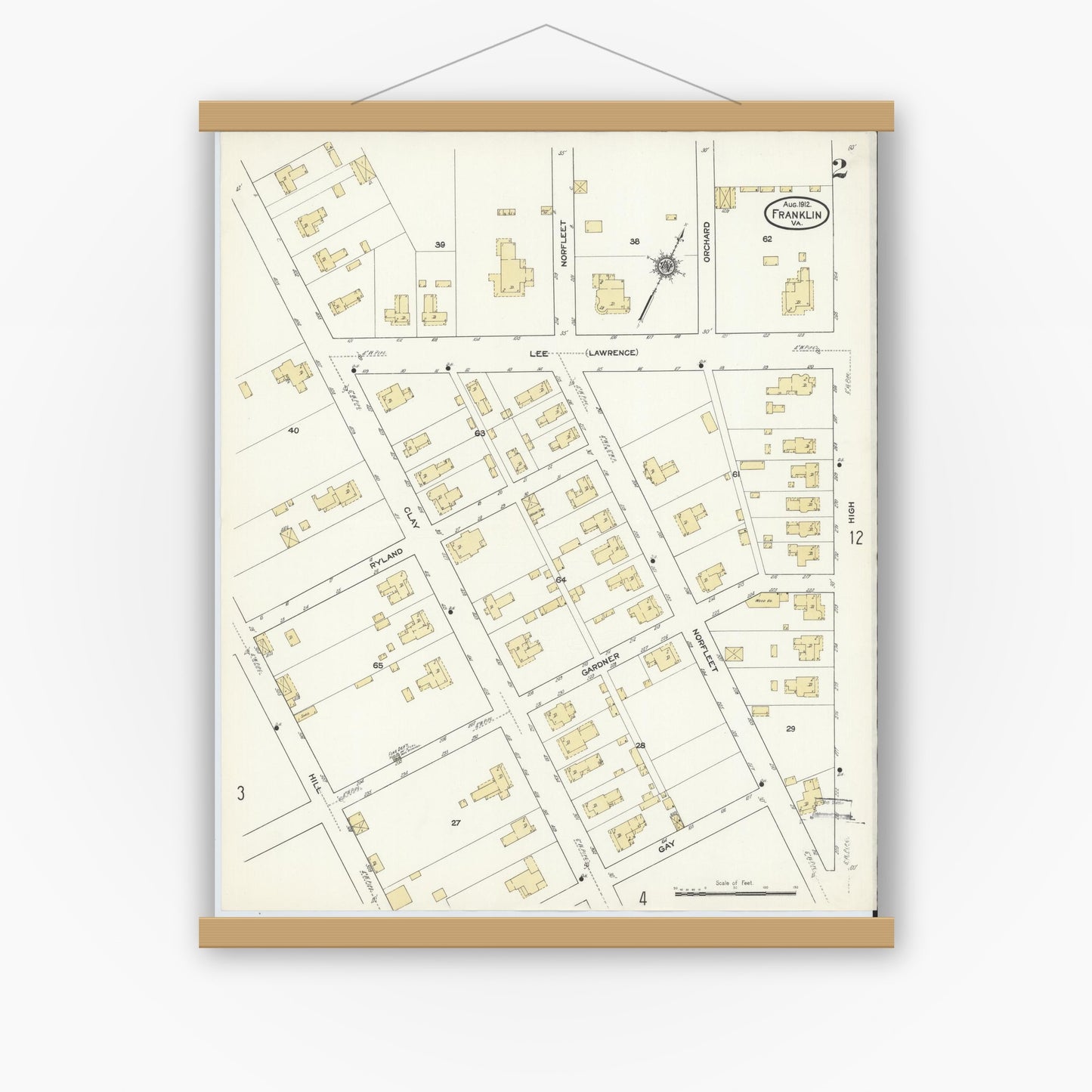 Old map wall art mockup — magnetic wood frame on white wall — Sanborn Fire Insurance Map from Franklin, Independent Cities, Virginia (1912), Sheet #0002