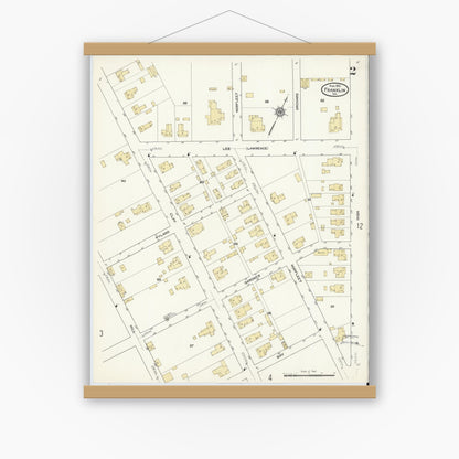 Old map wall art mockup — magnetic wood frame on white wall — Sanborn Fire Insurance Map from Franklin, Independent Cities, Virginia (1912), Sheet #0002