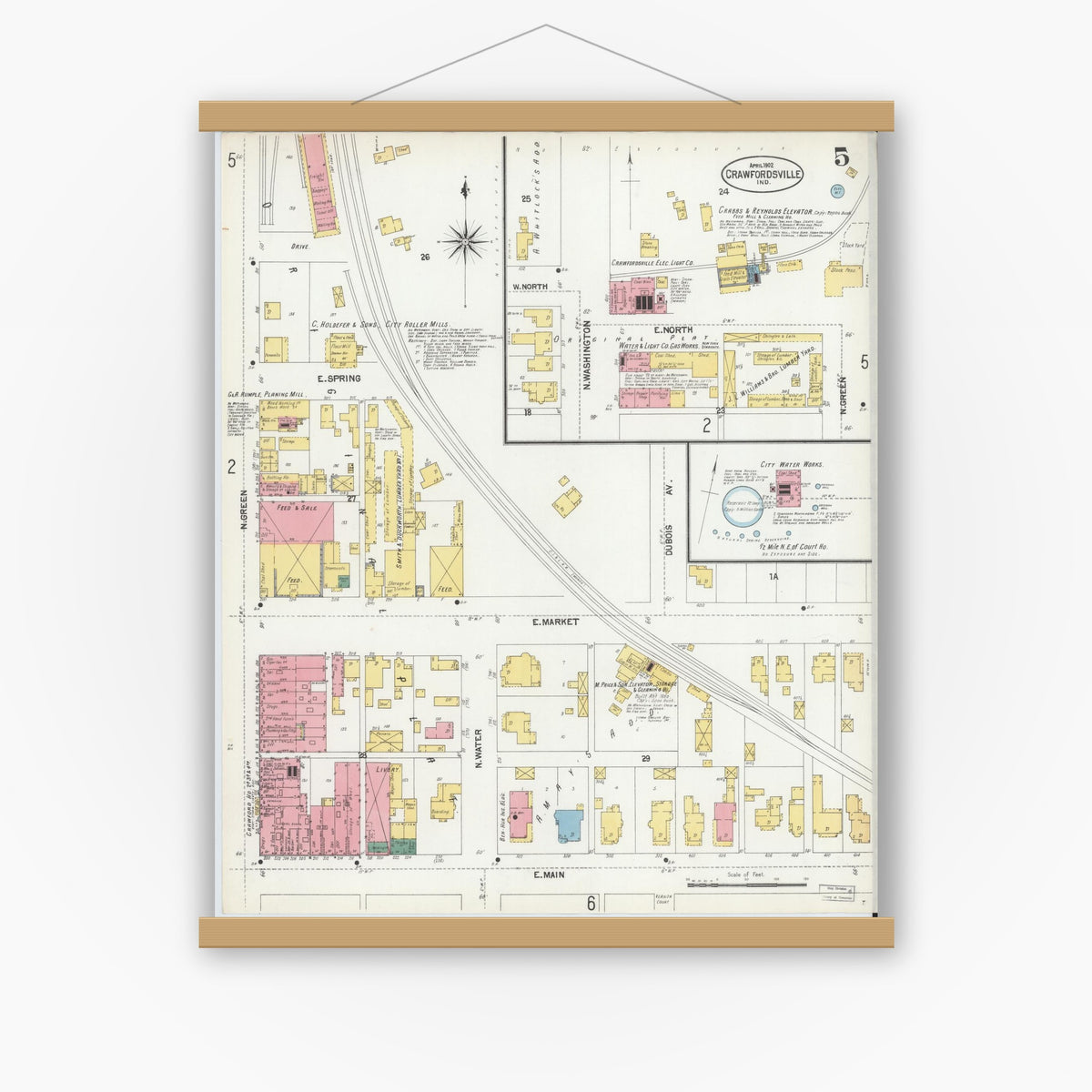 Old map wall art mockup — magnetic wood frame on white wall — Sanborn Fire Insurance Map from Crawfordsville, Montgomery County, Indiana (1902), Sheet #0005