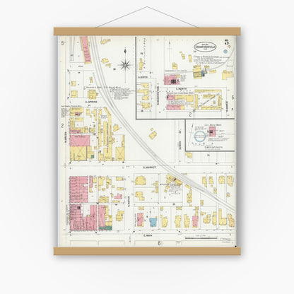 Old map wall art mockup — magnetic wood frame on white wall — Sanborn Fire Insurance Map from Crawfordsville, Montgomery County, Indiana (1902), Sheet #0005