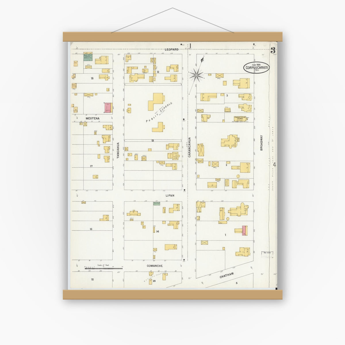 Old map wall art mockup — magnetic wood frame on white wall — Sanborn Fire Insurance Map from Corpus Christi, Nueces County, Texas (1900), Sheet #0003