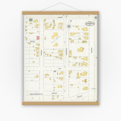 Old map wall art mockup — magnetic wood frame on white wall — Sanborn Fire Insurance Map from Corpus Christi, Nueces County, Texas (1900), Sheet #0003