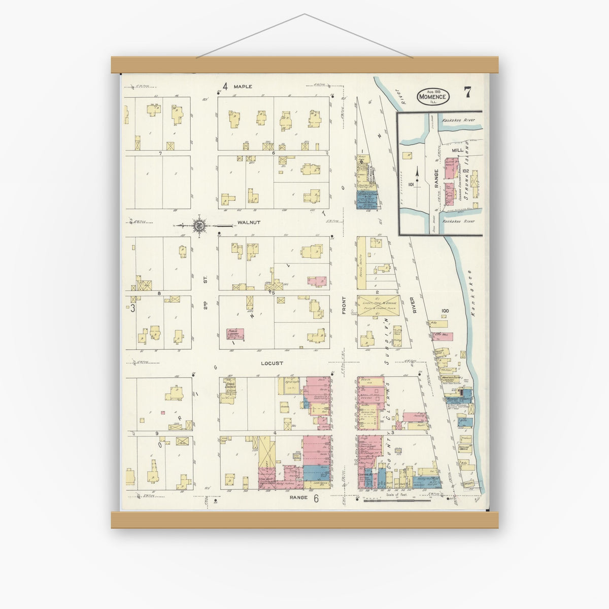 Old map wall art mockup — magnetic wood frame on white wall — Sanborn Fire Insurance Map from Momence, Kankakee County, Illinois (1913), Sheet #0007