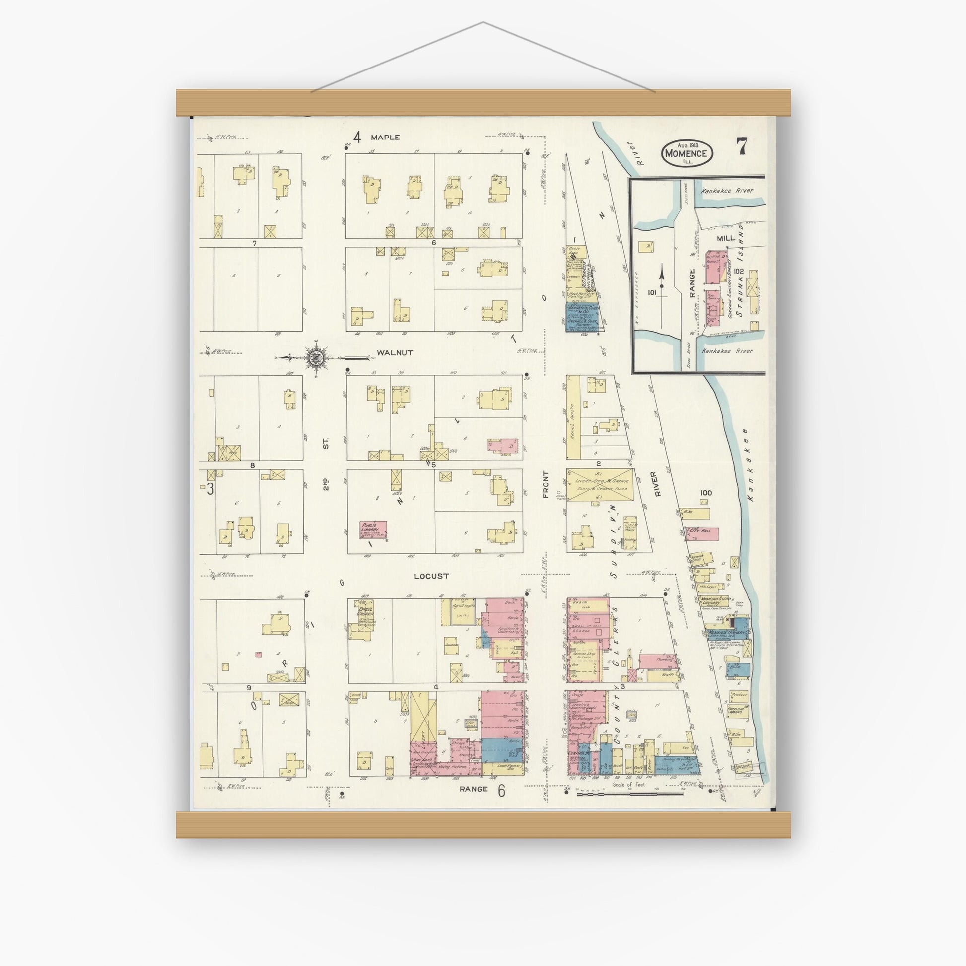 Old map wall art mockup — magnetic wood frame on white wall — Sanborn Fire Insurance Map from Momence, Kankakee County, Illinois (1913), Sheet #0007