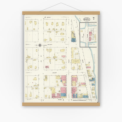Old map wall art mockup — magnetic wood frame on white wall — Sanborn Fire Insurance Map from Momence, Kankakee County, Illinois (1913), Sheet #0007
