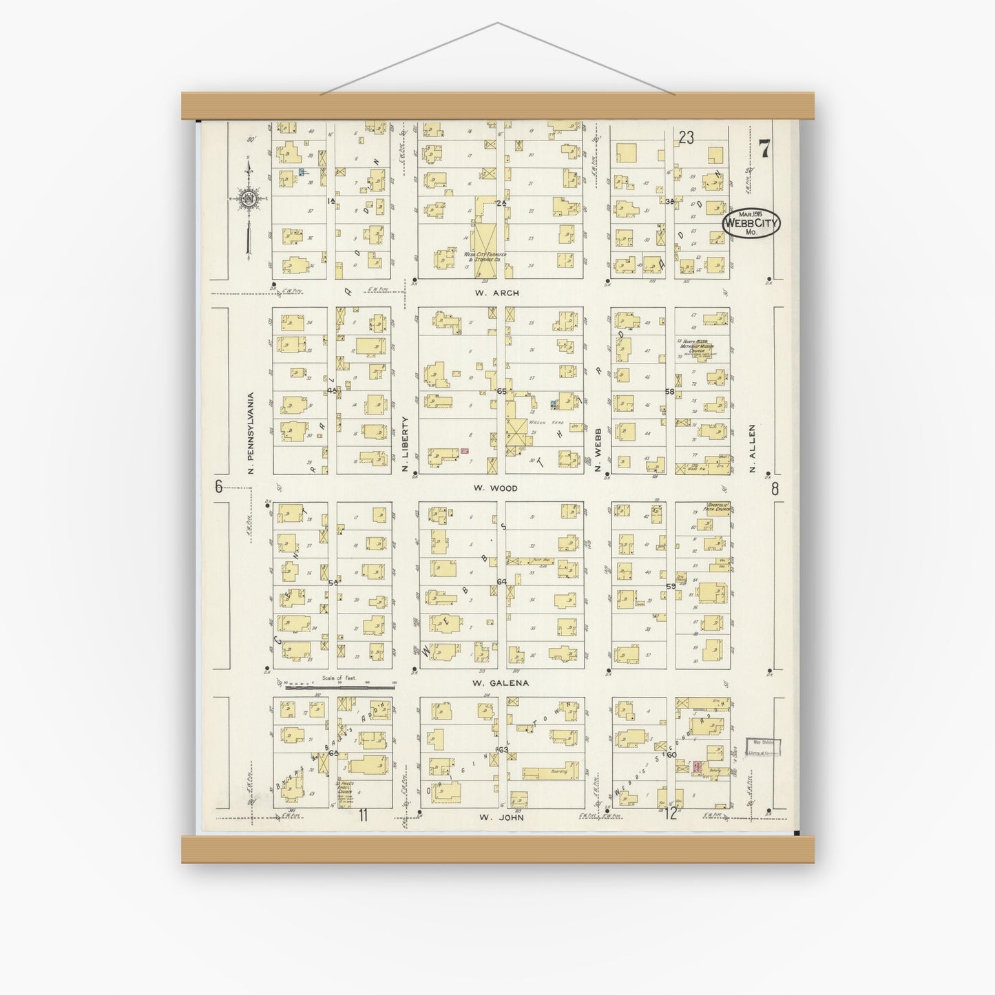 Old map wall art mockup — magnetic wood frame on white wall — Sanborn Fire Insurance Map from Webb City, Jasper County, Missouri (1915), Sheet #0007