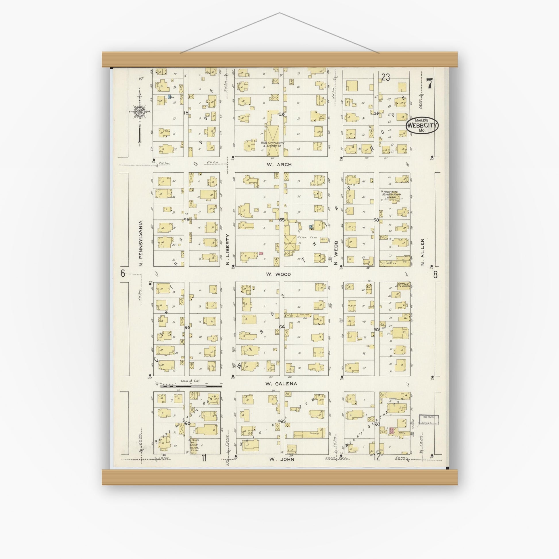 Old map wall art mockup — magnetic wood frame on white wall — Sanborn Fire Insurance Map from Webb City, Jasper County, Missouri (1915), Sheet #0007