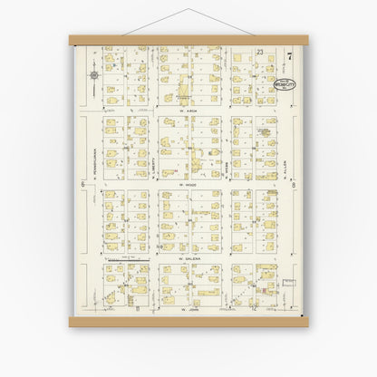 Old map wall art mockup — magnetic wood frame on white wall — Sanborn Fire Insurance Map from Webb City, Jasper County, Missouri (1915), Sheet #0007