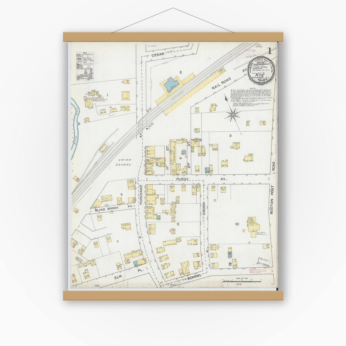 Old map wall art mockup — magnetic wood frame on white wall — Sanborn Fire Insurance Map from Rye, Westchester County, New York (1892), Sheet #0001