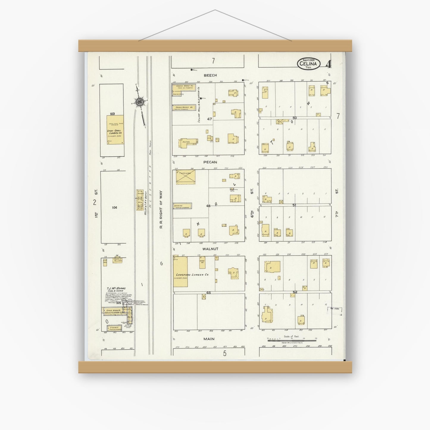 Old map wall art mockup — magnetic wood frame on white wall — Sanborn Fire Insurance Map from Celina, Collin County, Texas (1920), Sheet #0004