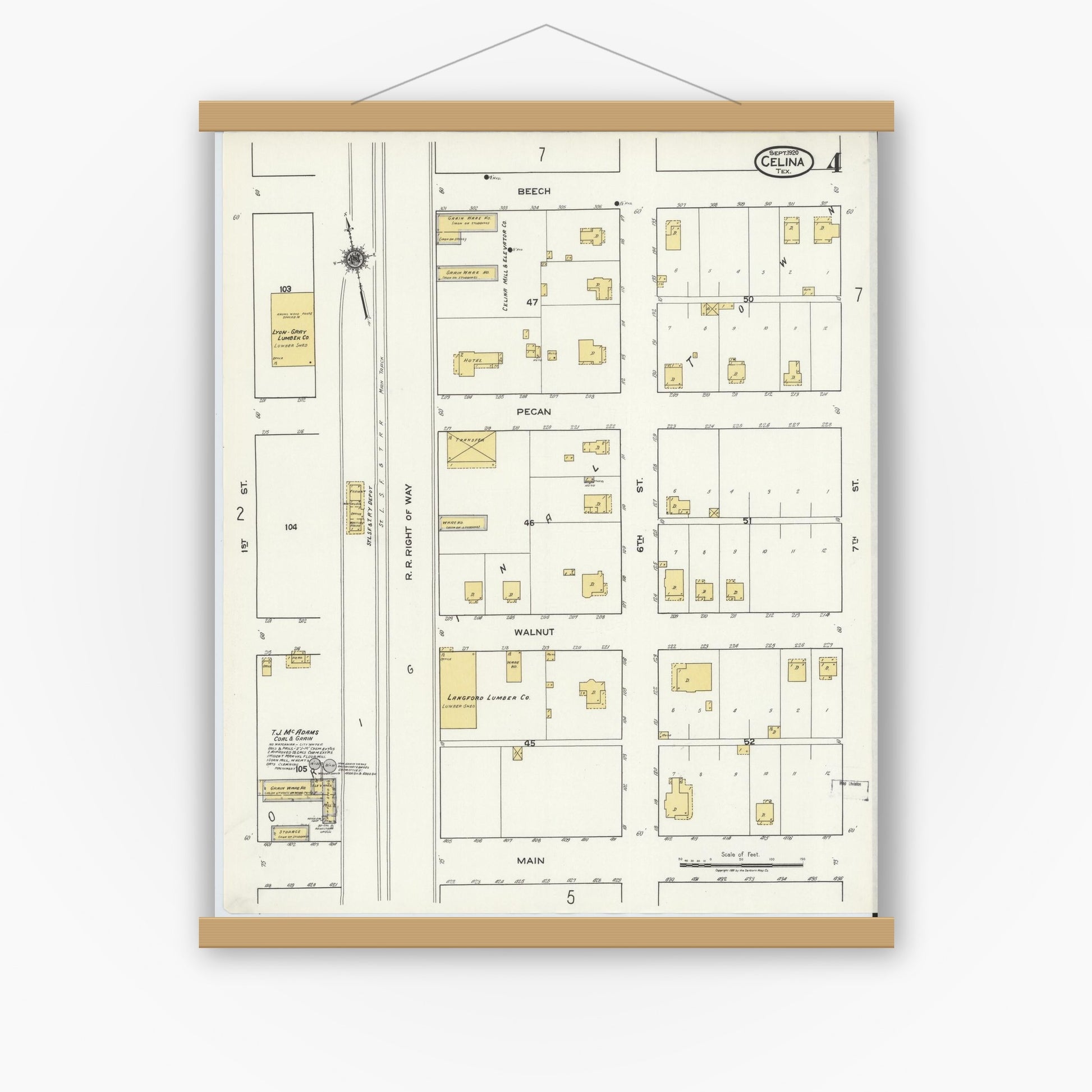 Old map wall art mockup — magnetic wood frame on white wall — Sanborn Fire Insurance Map from Celina, Collin County, Texas (1920), Sheet #0004