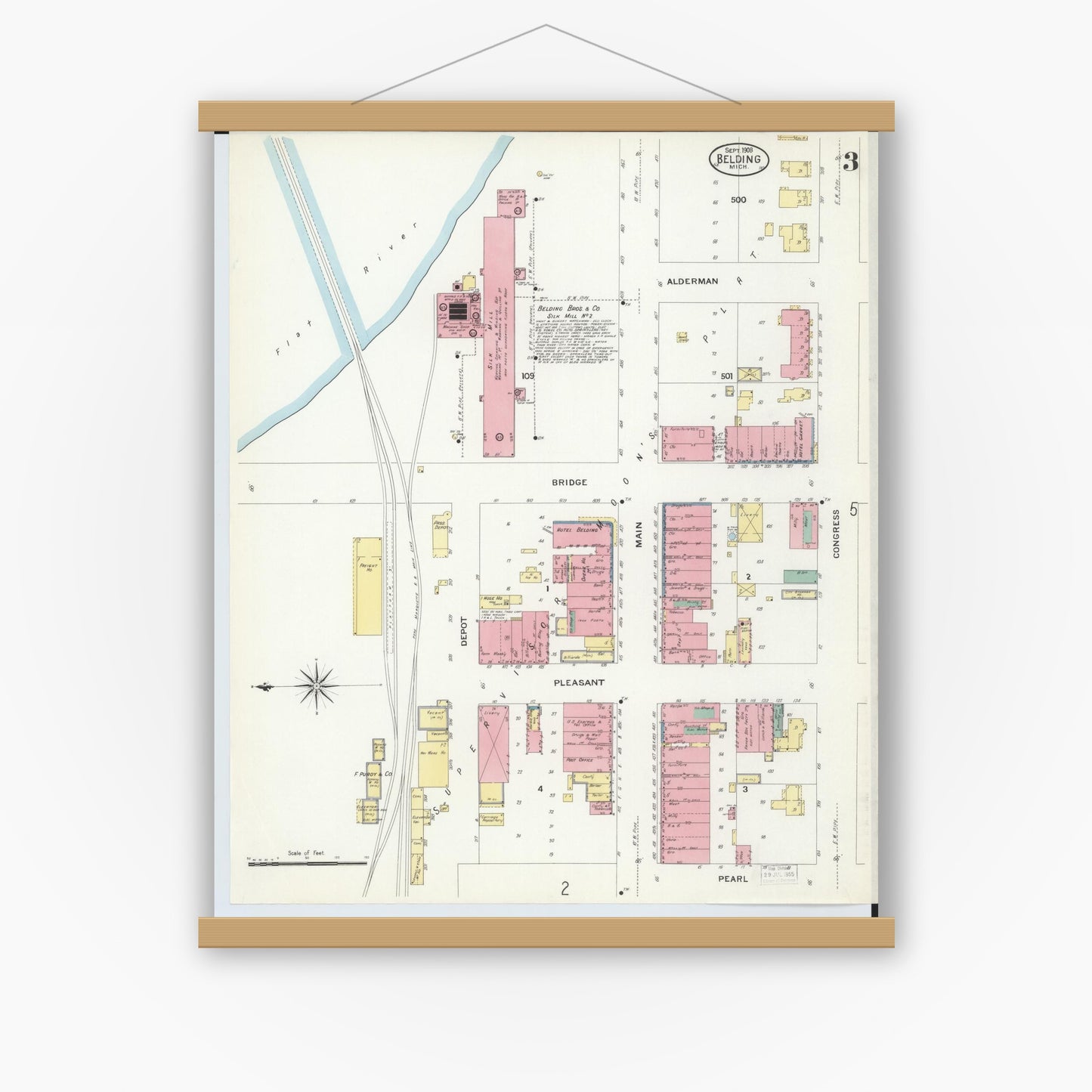 Old map wall art mockup — magnetic wood frame on white wall — Sanborn Fire Insurance Map from Belding, Ionia County, Michigan (1908), Sheet #0003