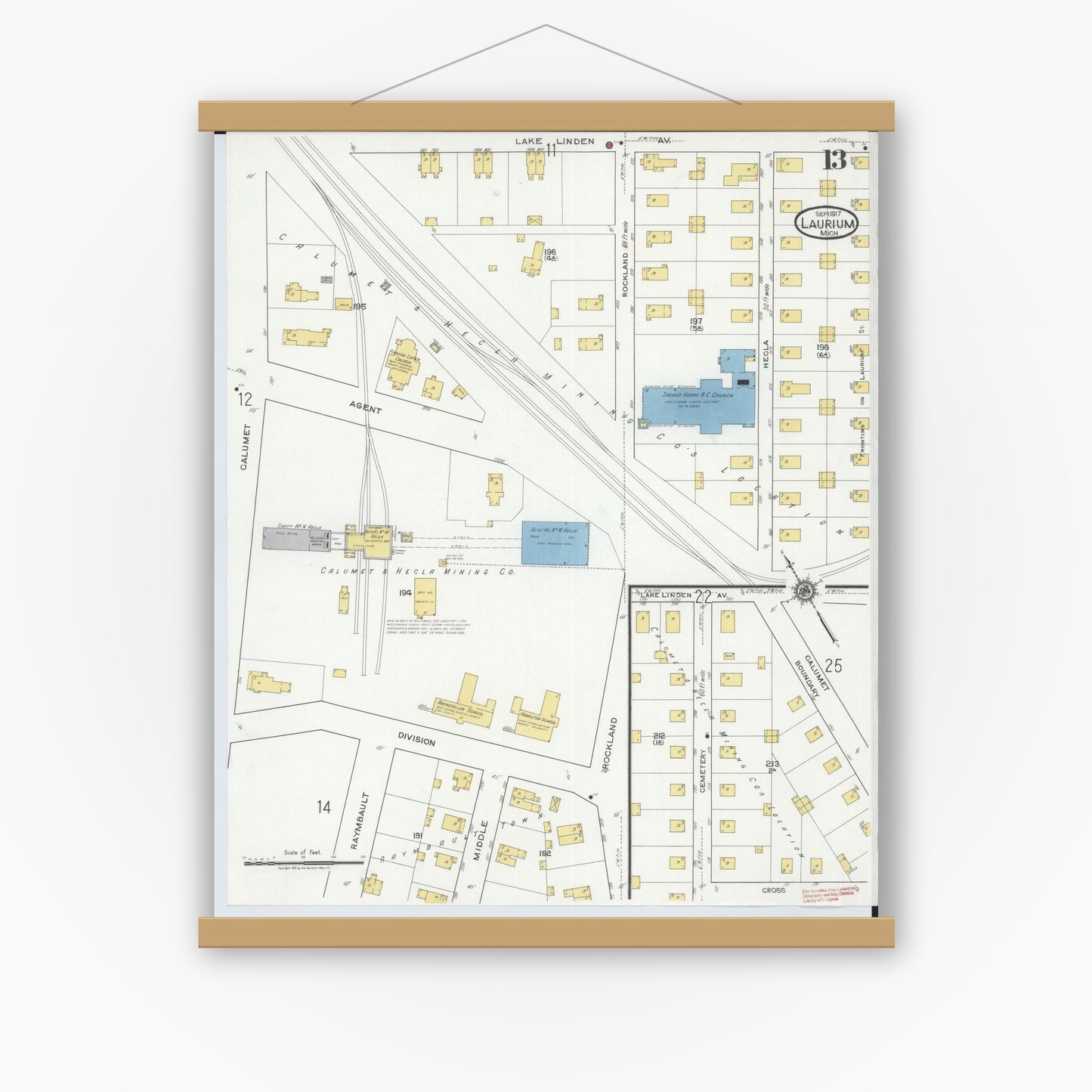 Old map wall art mockup — magnetic wood frame on white wall — Sanborn Fire Insurance Map from Laurium, Houghton County, Michigan (1917), Sheet #0013