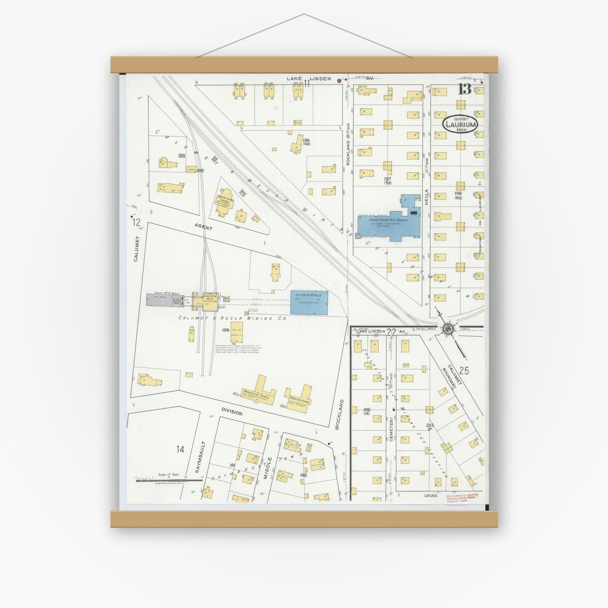 Old map wall art mockup — magnetic wood frame on white wall — Sanborn Fire Insurance Map from Laurium, Houghton County, Michigan (1917), Sheet #0013