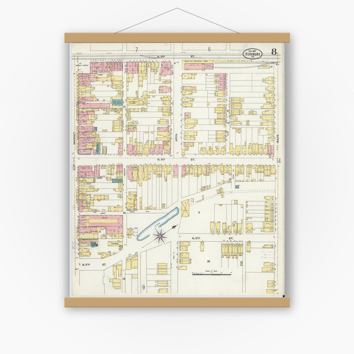 Old map wall art mockup — magnetic wood frame on white wall — Sanborn Fire Insurance Map from Sunbury, Northumberland County, Pennsylvania (1907), Sheet #0008