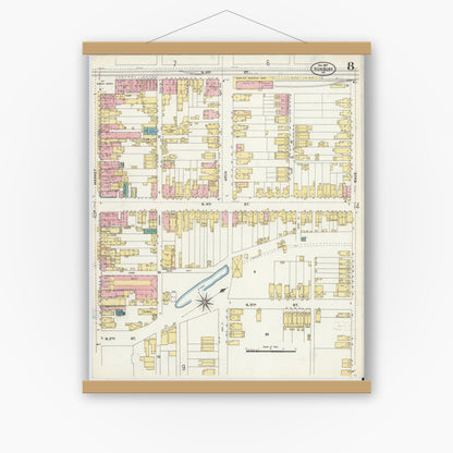 Old map wall art mockup — magnetic wood frame on white wall — Sanborn Fire Insurance Map from Sunbury, Northumberland County, Pennsylvania (1907), Sheet #0008