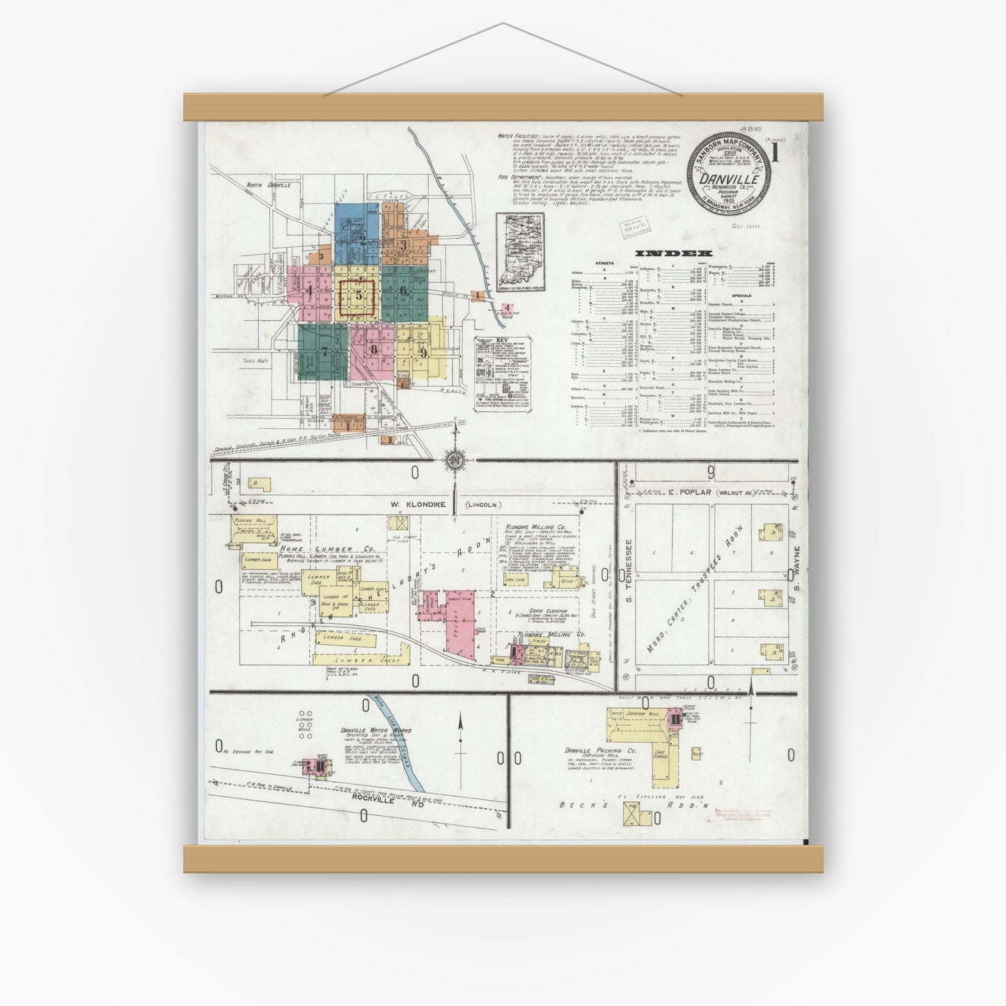 Old map wall art mockup — magnetic wood frame on white wall — Sanborn Fire Insurance Map from Danville, Hendricks County, Indiana (1920) - Complete Map Set