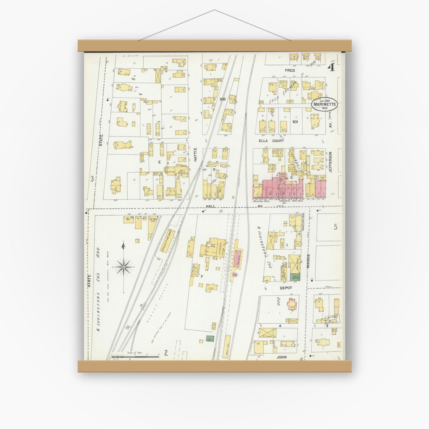 Old map wall art mockup — magnetic wood frame on white wall — Sanborn Fire Insurance Map from Marinette, Marinette County, Wisconsin (1901), Sheet #0004