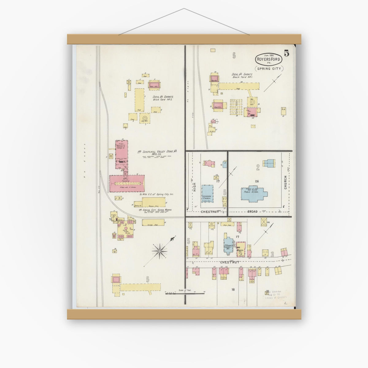 Old map wall art mockup — magnetic wood frame on white wall — Sanborn Fire Insurance Map from Royersford, Montgomery County, Pennsylvania (1895), Sheet #0005