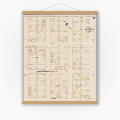 Old map wall art mockup — magnetic wood frame on white wall — Sanborn Fire Insurance Map from Huntington Beach, Orange County, California (1922), Sheet #0011
