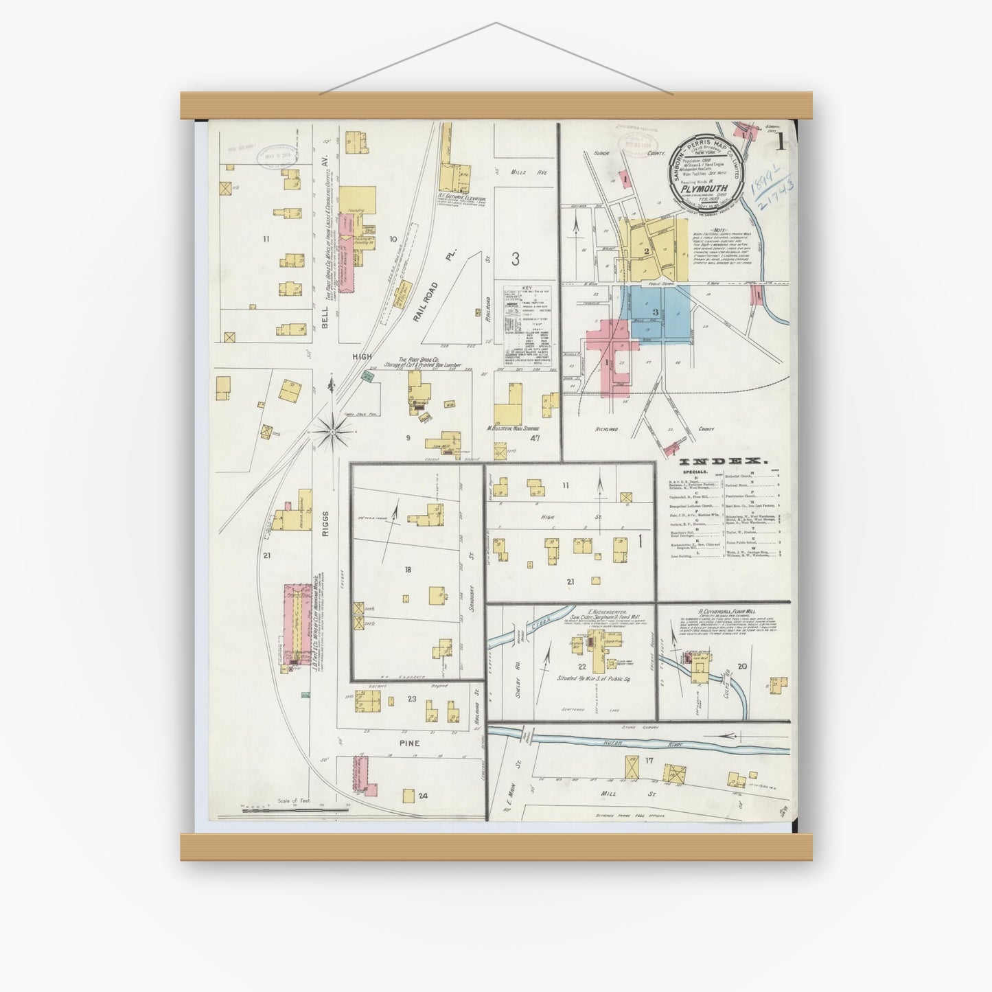 Old map wall art mockup — magnetic wood frame on white wall — Sanborn Fire Insurance Map from Plymouth, Huron And Richland Counties, Ohio (1899) - Complete Map Set