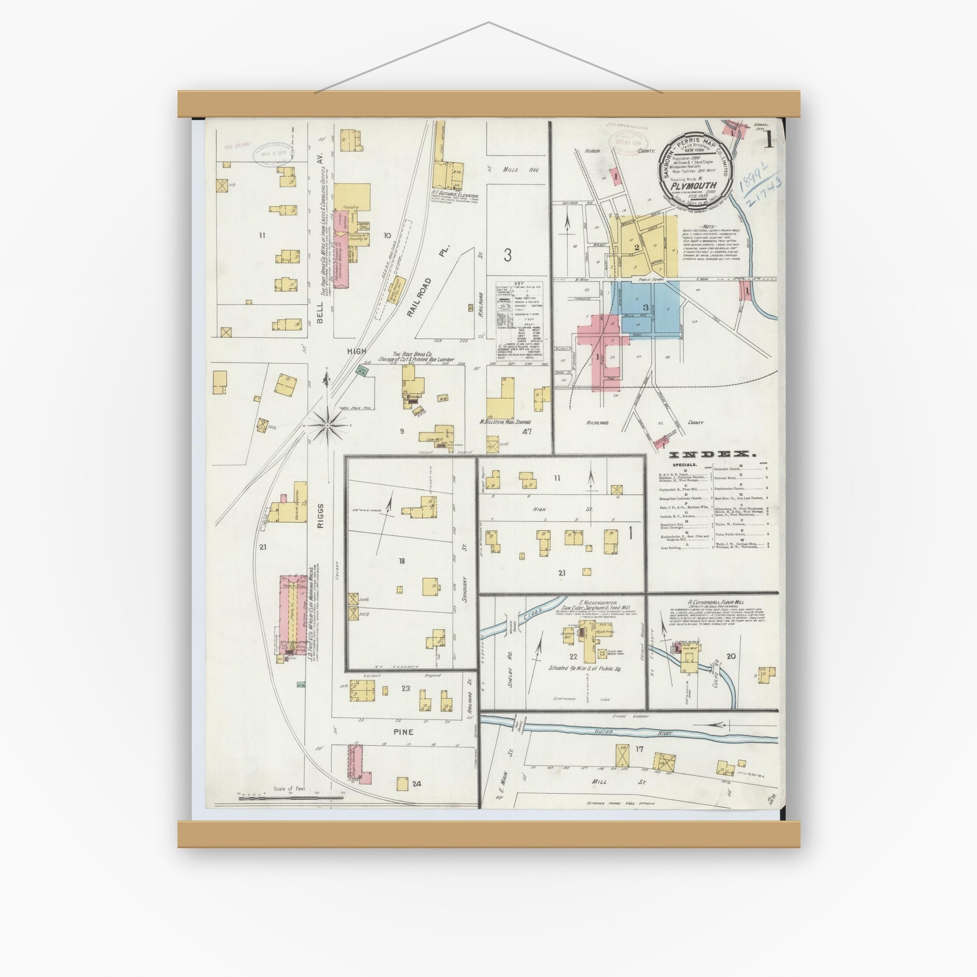 Old map wall art mockup — magnetic wood frame on white wall — Sanborn Fire Insurance Map from Plymouth, Huron And Richland Counties, Ohio (1899) - Complete Map Set