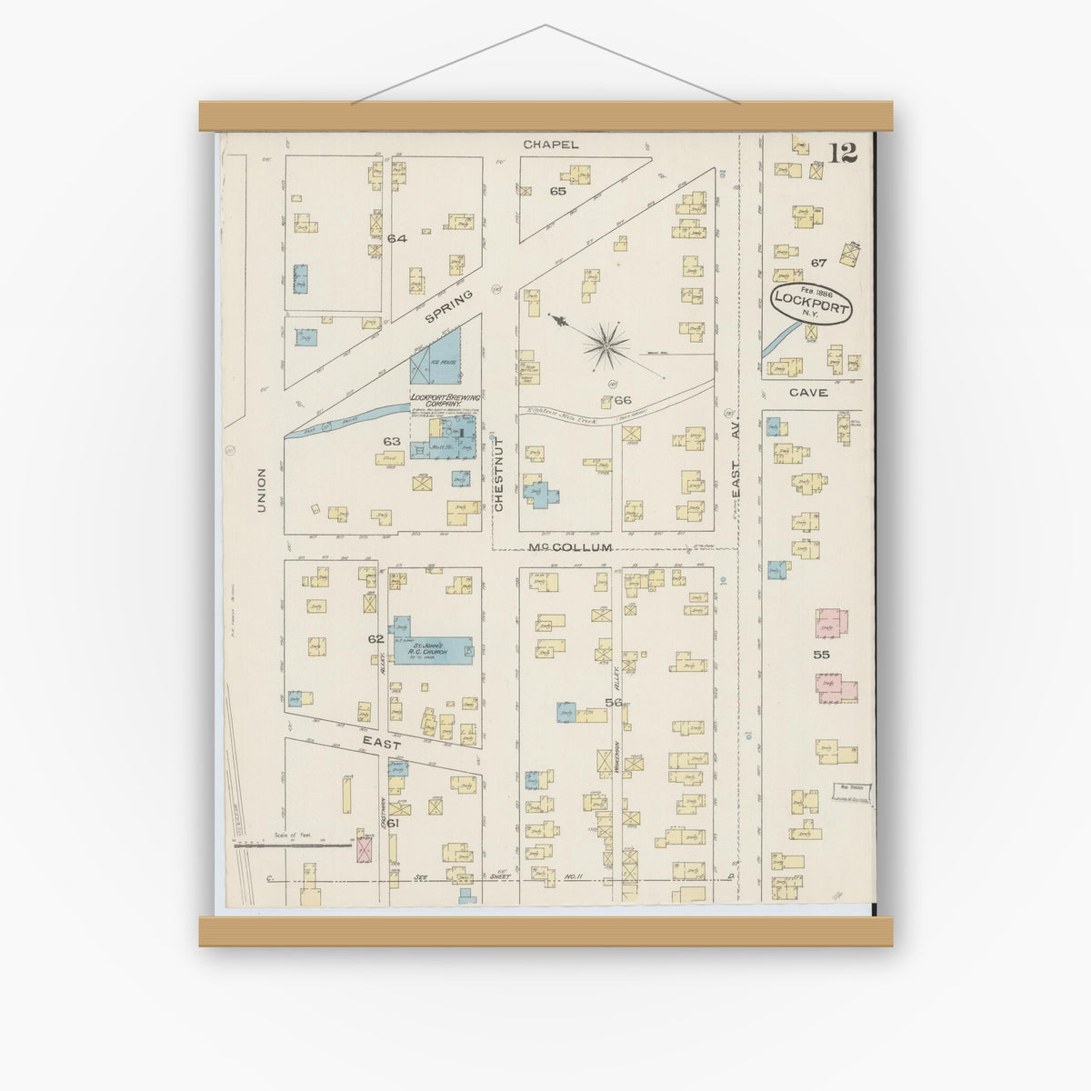 Old map wall art mockup — magnetic wood frame on white wall — Sanborn Fire Insurance Map from Lockport, Niagara County, New York (1886), Sheet #0011