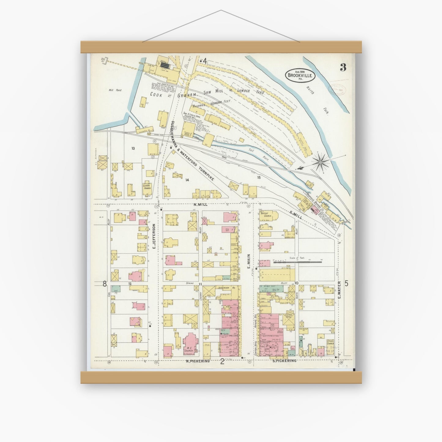 Old map wall art mockup — magnetic wood frame on white wall — Sanborn Fire Insurance Map from Brookville, Jefferson County, Pennsylvania (1899), Sheet #0003