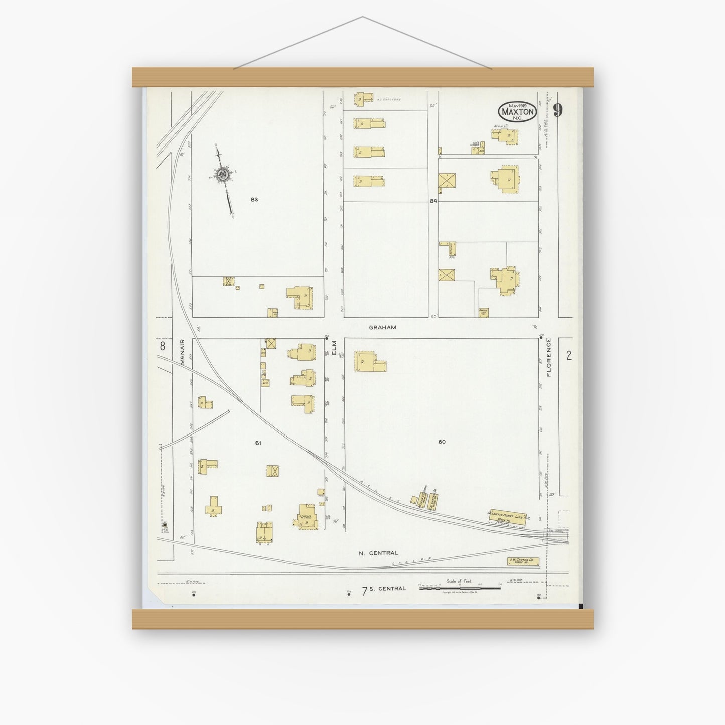 Old map wall art mockup — magnetic wood frame on white wall — Sanborn Fire Insurance Map from Maxton, Robeson County, North Carolina (1919), Sheet #0009