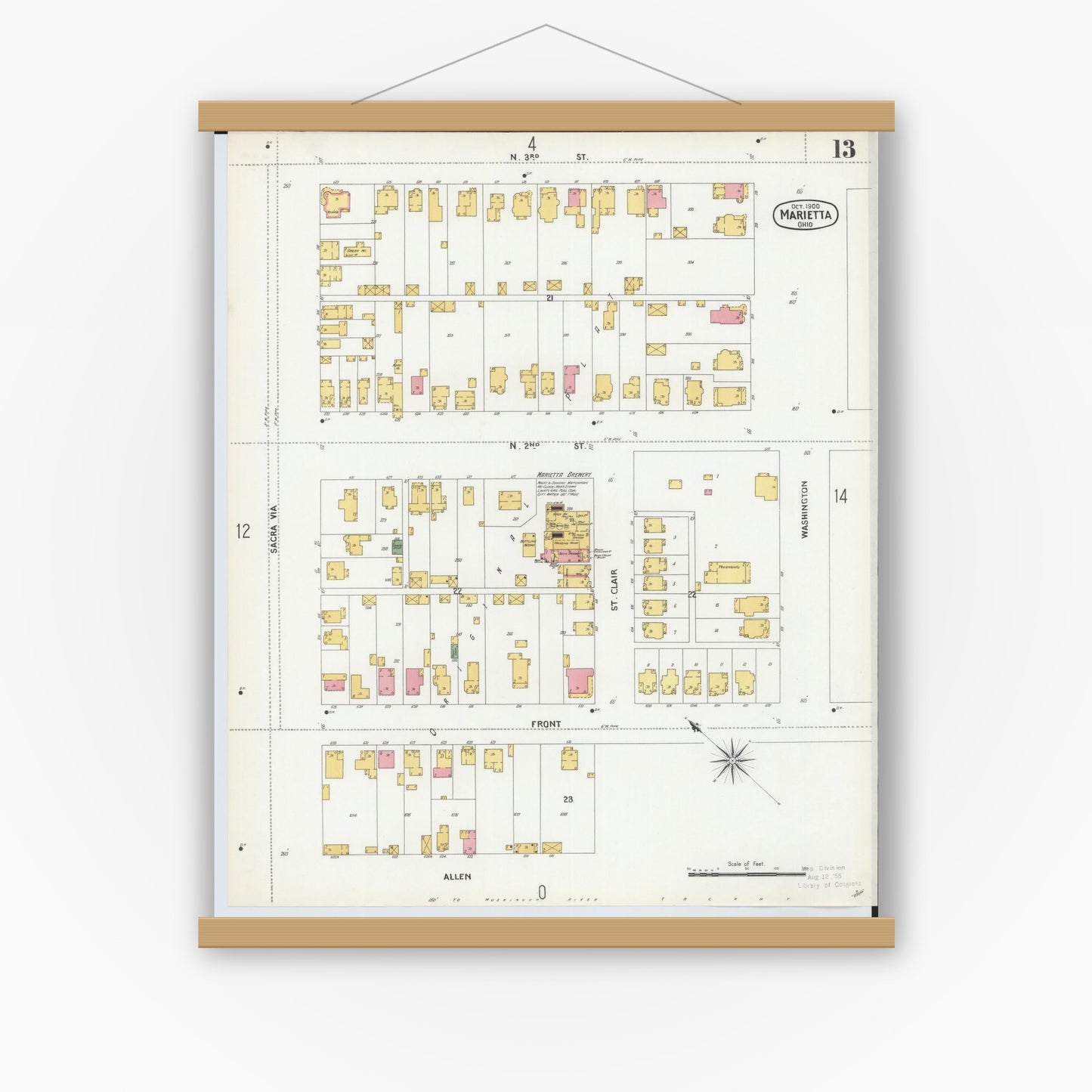Old map wall art mockup — magnetic wood frame on white wall — Sanborn Fire Insurance Map from Marietta, Washington County, Ohio (1900), Sheet #0013
