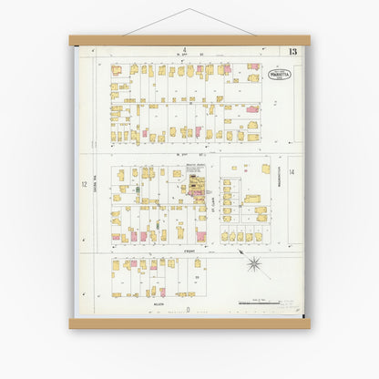Old map wall art mockup — magnetic wood frame on white wall — Sanborn Fire Insurance Map from Marietta, Washington County, Ohio (1900), Sheet #0013