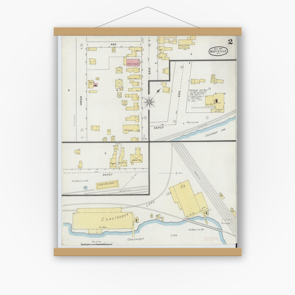 Old map wall art mockup — magnetic wood frame on white wall — Sanborn Fire Insurance Map from Mayville, Chautauqua County, New York (1895), Sheet #0002