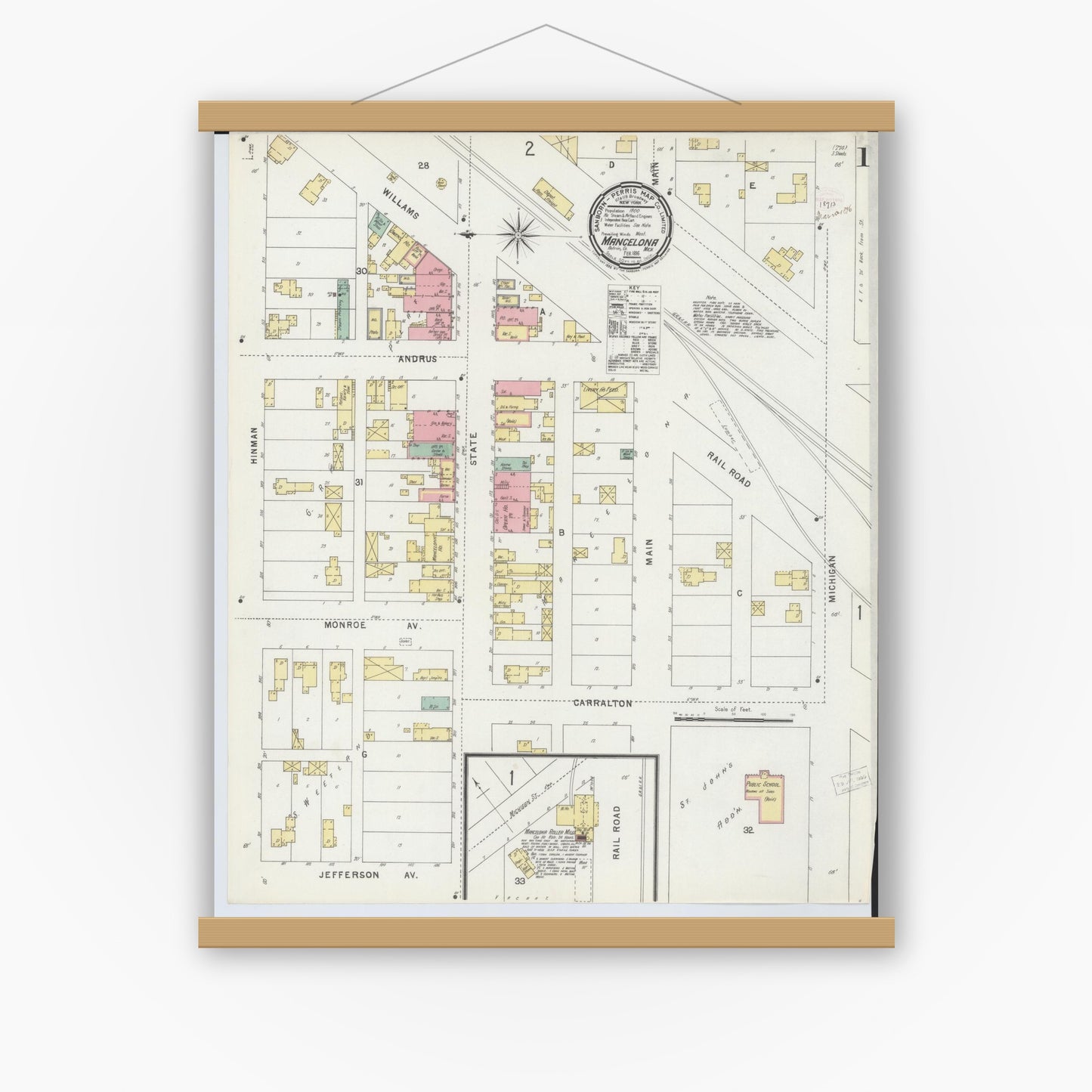 Old map wall art mockup — magnetic wood frame on white wall — Sanborn Fire Insurance Map from Mancelona, Antrim County, Michigan (1896) - Complete Map Set