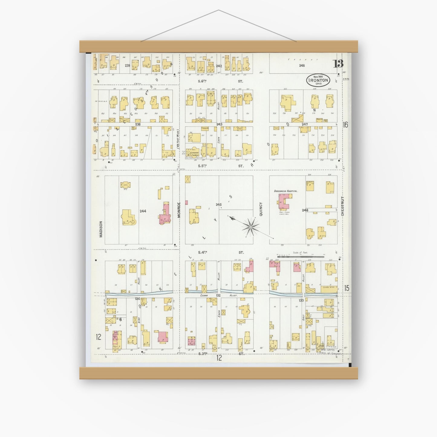 Old map wall art mockup — magnetic wood frame on white wall — Sanborn Fire Insurance Map from Ironton, Lawrence County, Ohio (1900), Sheet #0013