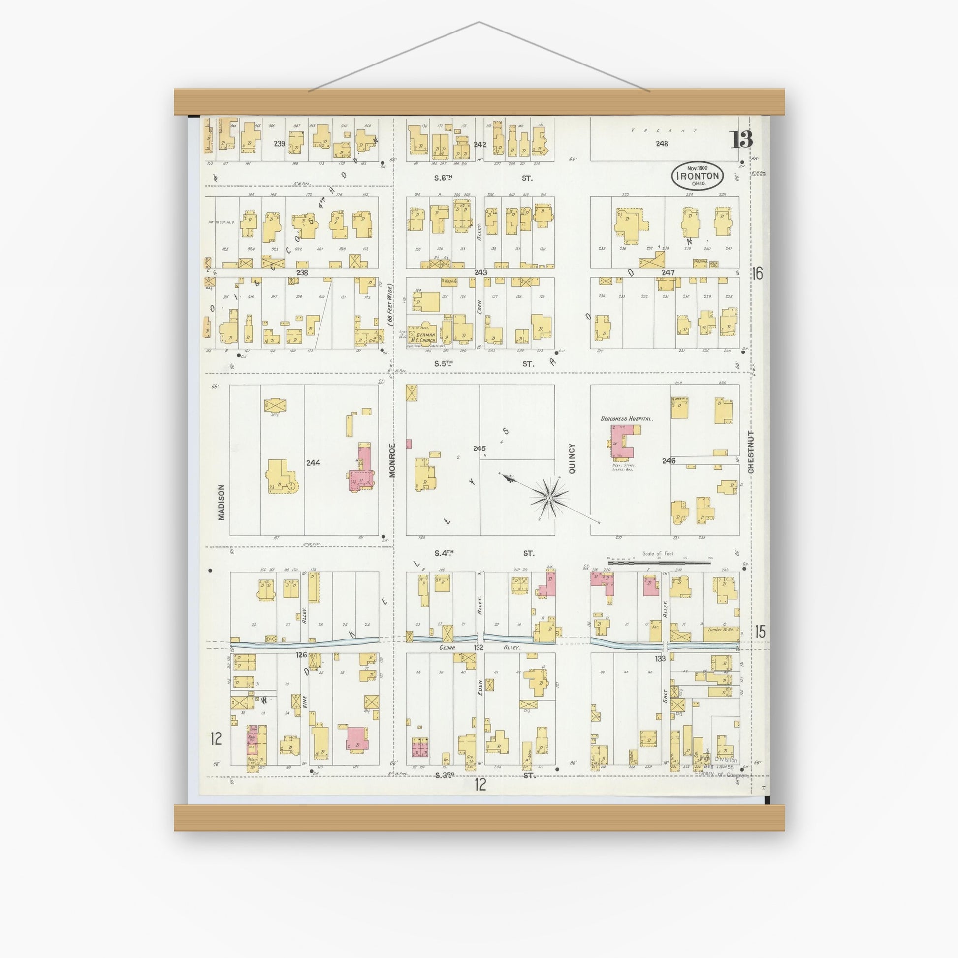 Old map wall art mockup — magnetic wood frame on white wall — Sanborn Fire Insurance Map from Ironton, Lawrence County, Ohio (1900), Sheet #0013