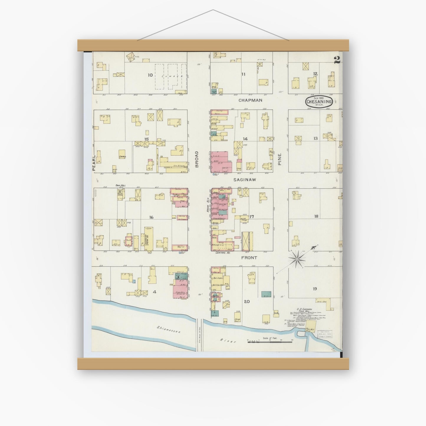 Old map wall art mockup — magnetic wood frame on white wall — Sanborn Fire Insurance Map from Chesaning, Saginaw County, Michigan (1893), Sheet #0002