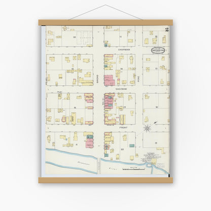 Old map wall art mockup — magnetic wood frame on white wall — Sanborn Fire Insurance Map from Chesaning, Saginaw County, Michigan (1893), Sheet #0002