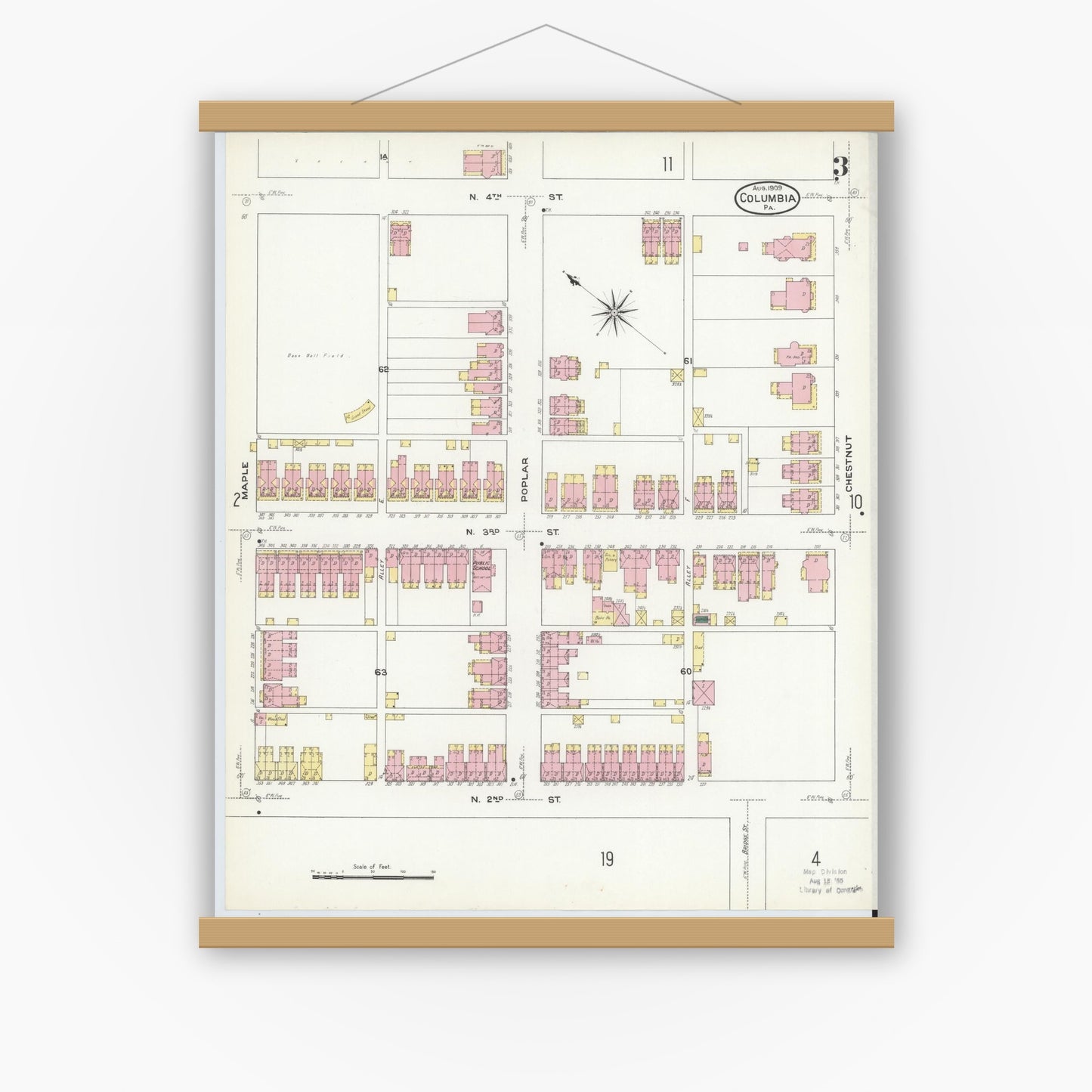 Old map wall art mockup — magnetic wood frame on white wall — Sanborn Fire Insurance Map from Columbia, Lancaster County, Pennsylvania (1909), Sheet #0003