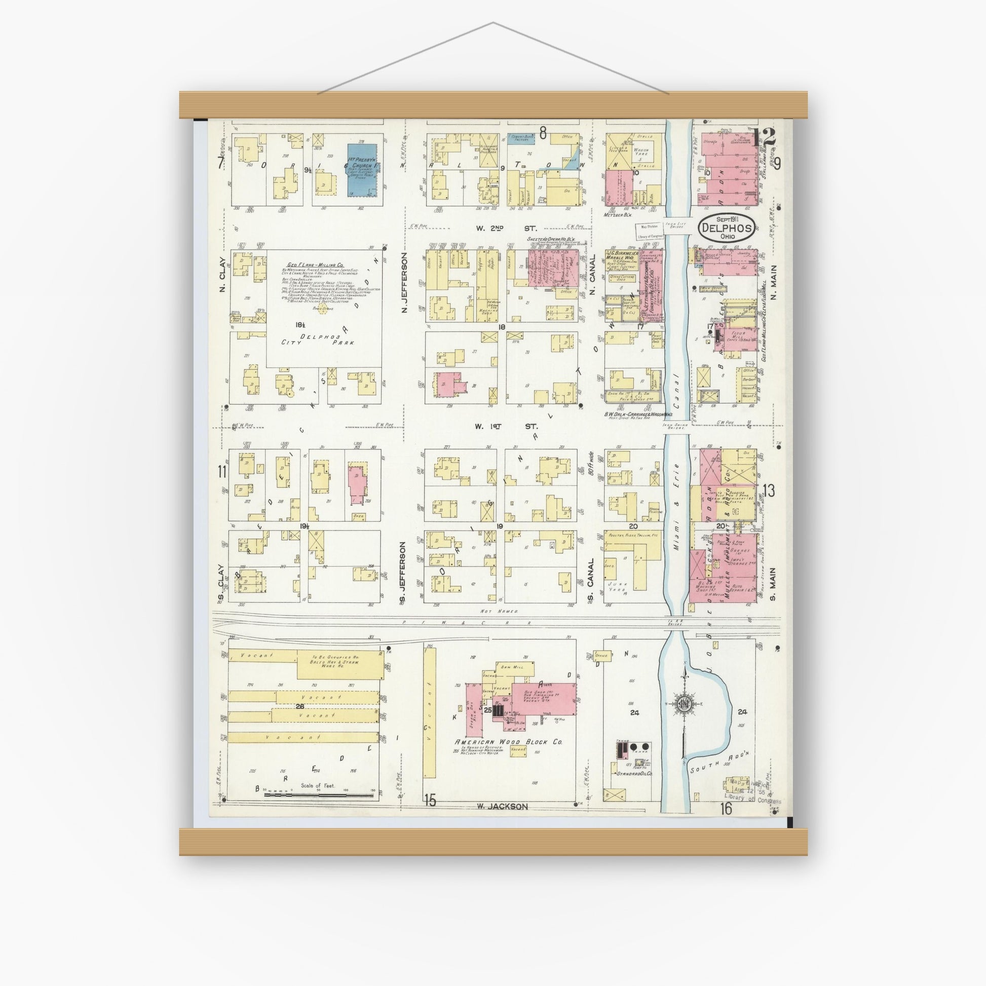 Old map wall art mockup — magnetic wood frame on white wall — Sanborn Fire Insurance Map from Delphos, Van Wert And Allen Counties, Ohio (1911), Sheet #0012