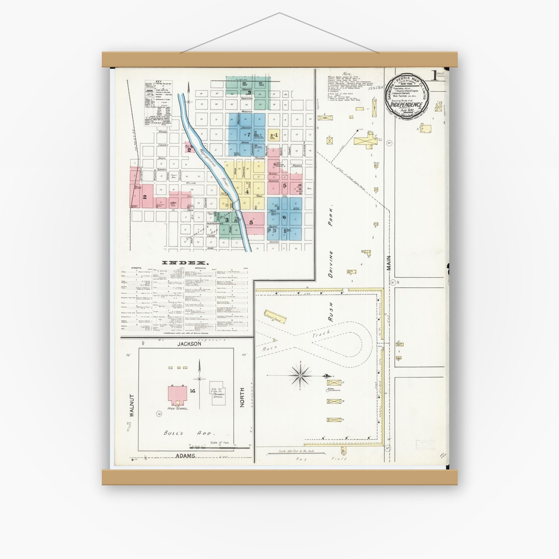 Old map wall art mockup — magnetic wood frame on white wall — Sanborn Fire Insurance Map from Independence, Buchanan County, Iowa (1892) â€” Complete Set
