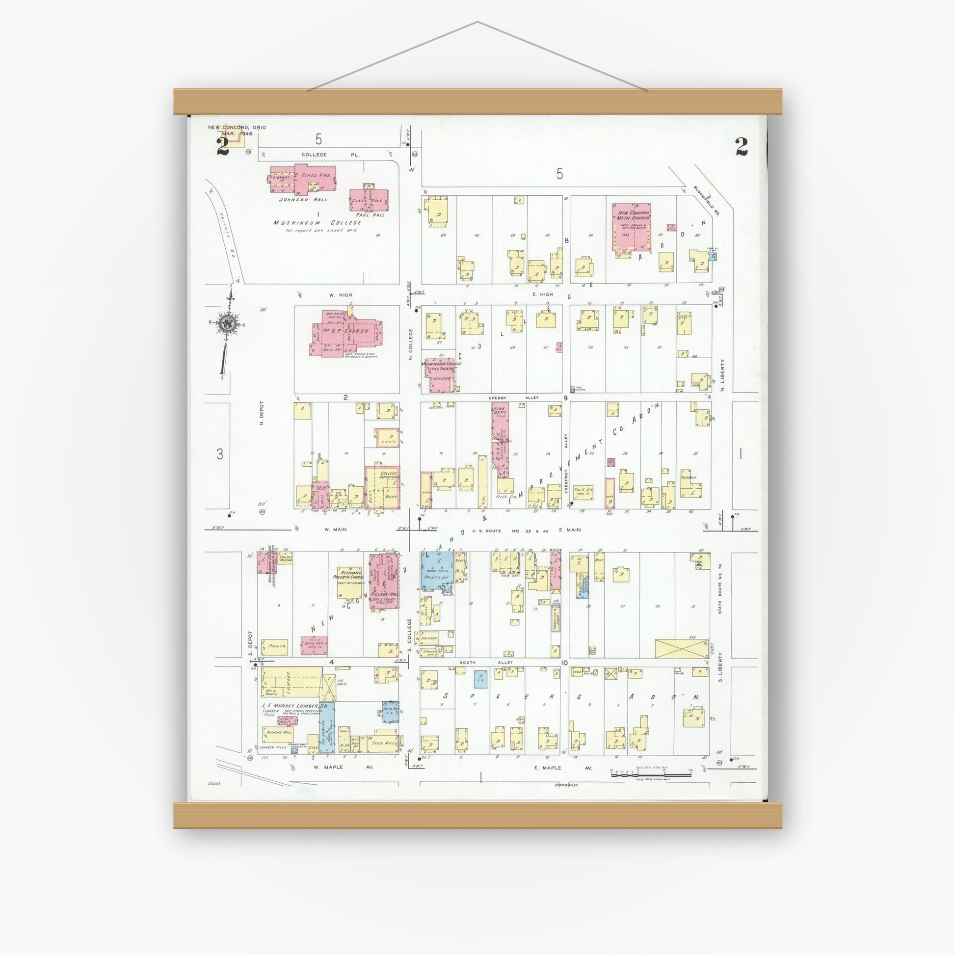 Old map wall art mockup — magnetic wood frame on white wall — Sanborn Fire Insurance Map from New Concord, Muskingum County, Ohio (1946), Sheet #0002