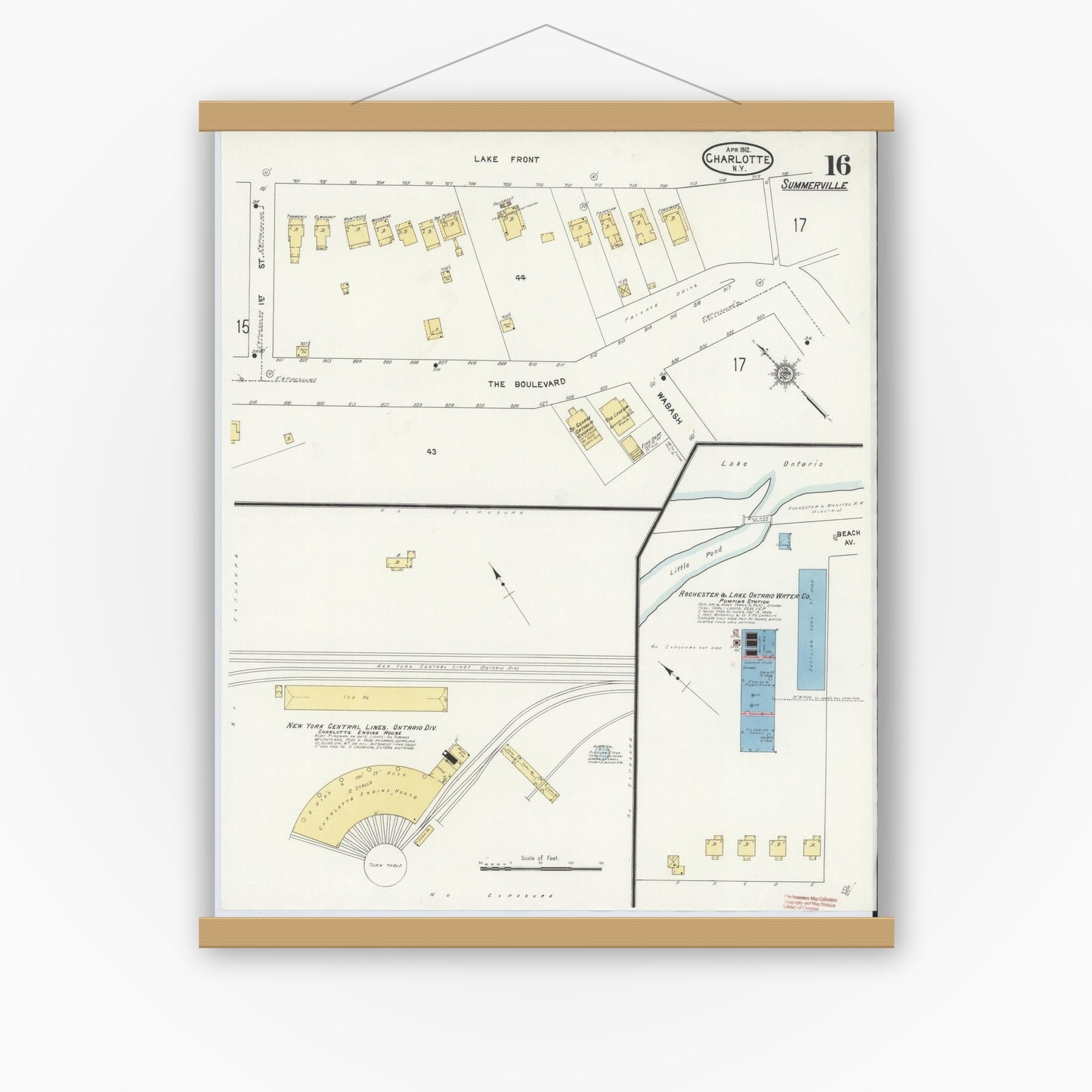 Old map wall art mockup — magnetic wood frame on white wall — Sanborn Fire Insurance Map from Charlotte, Monroe County, New York (1912), Sheet #0016