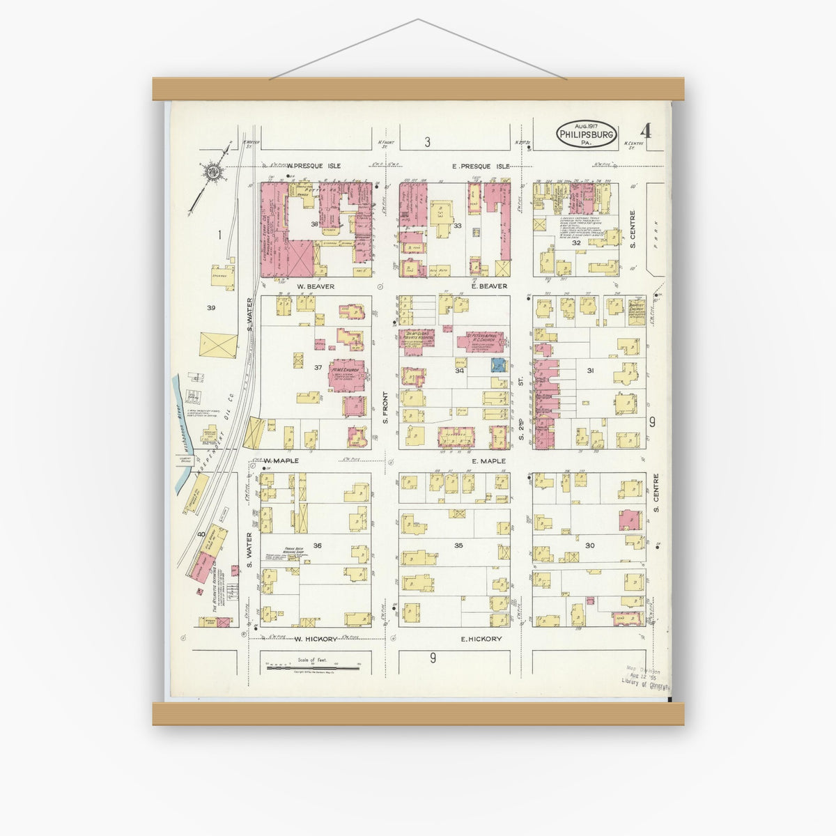 Old map wall art mockup — magnetic wood frame on white wall — Sanborn Fire Insurance Map from Philipsburg, Centre County, Pennsylvania (1917), Sheet #0004