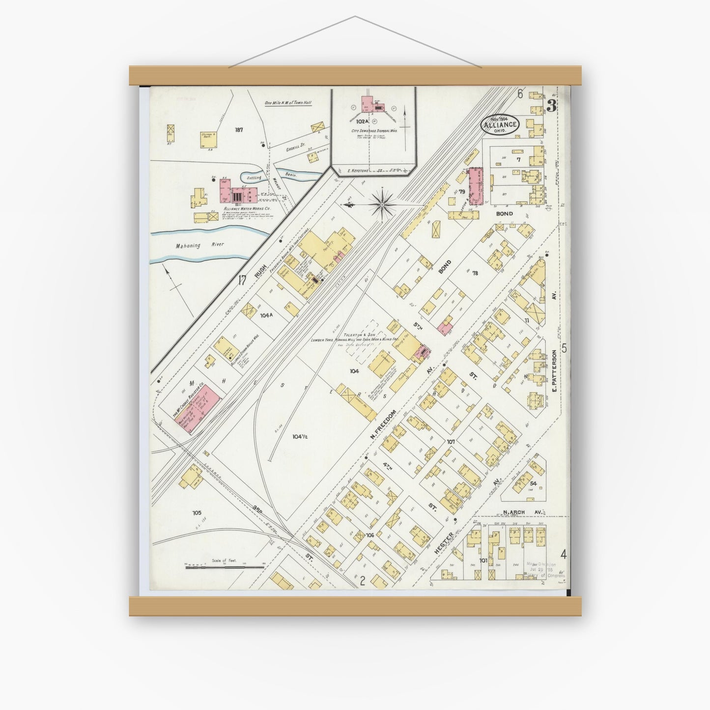 Old map wall art mockup — magnetic wood frame on white wall — Sanborn Fire Insurance Map from Alliance, Stark County, Ohio (1904), Sheet #0003