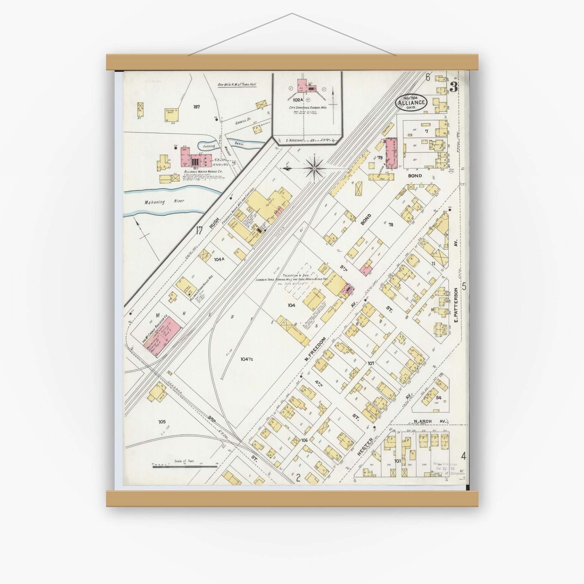 Old map wall art mockup — magnetic wood frame on white wall — Sanborn Fire Insurance Map from Alliance, Stark County, Ohio (1904), Sheet #0003