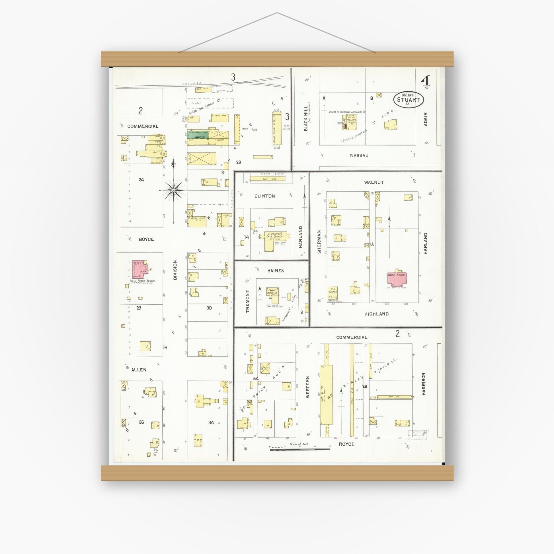 Old map wall art mockup — magnetic wood frame on white wall — Sanborn Fire Insurance Map from Stuart, Guthrie and Adair Counties, Iowa (1901), Sheet #0004