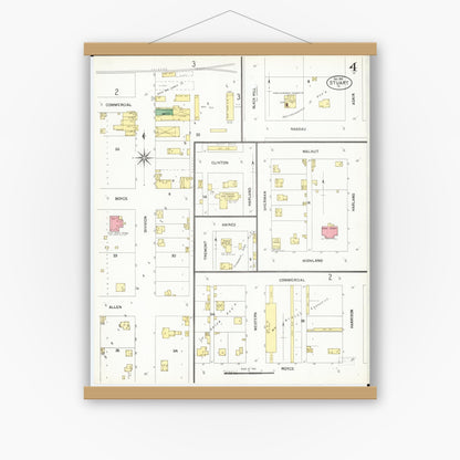 Old map wall art mockup — magnetic wood frame on white wall — Sanborn Fire Insurance Map from Stuart, Guthrie and Adair Counties, Iowa (1901), Sheet #0004