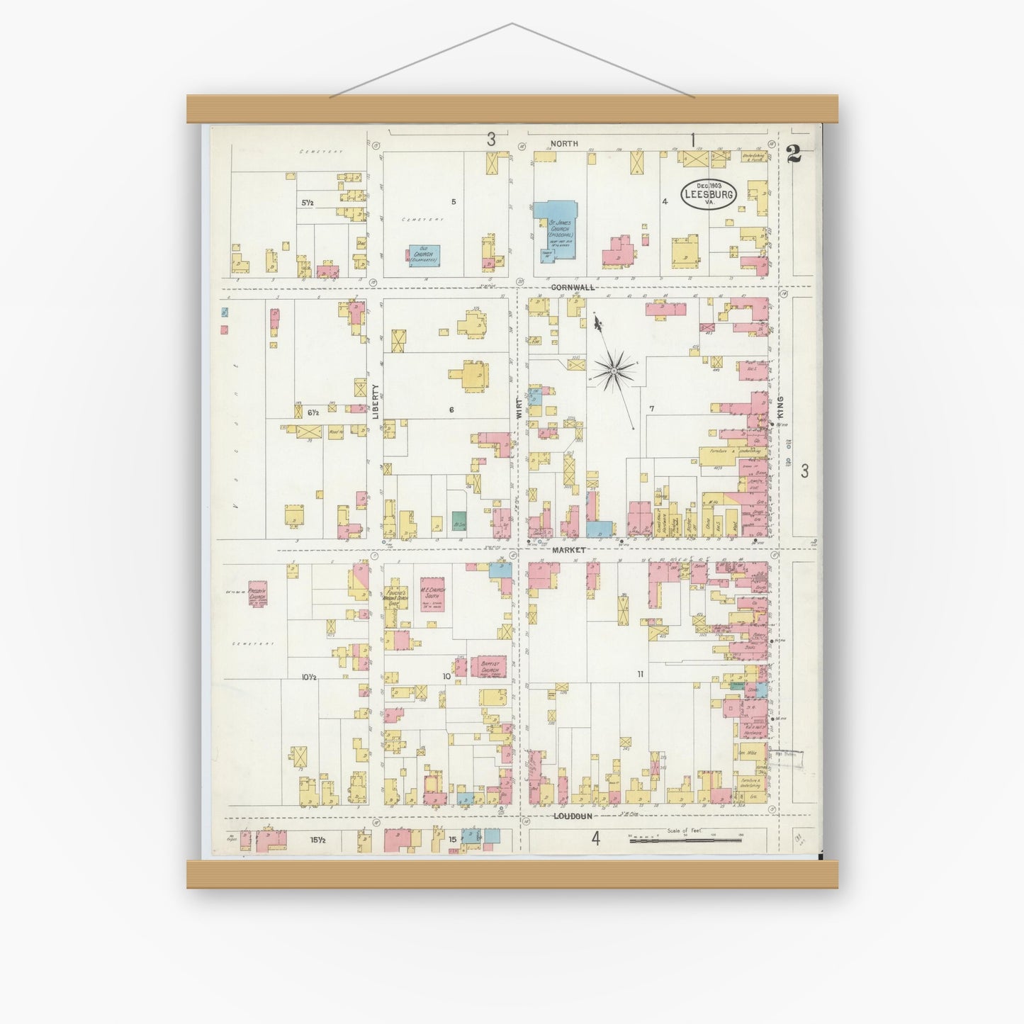 Old map wall art mockup — magnetic wood frame on white wall — Sanborn Fire Insurance Map from Leesburg, Loudoun County, Virginia (1903), Sheet #0002