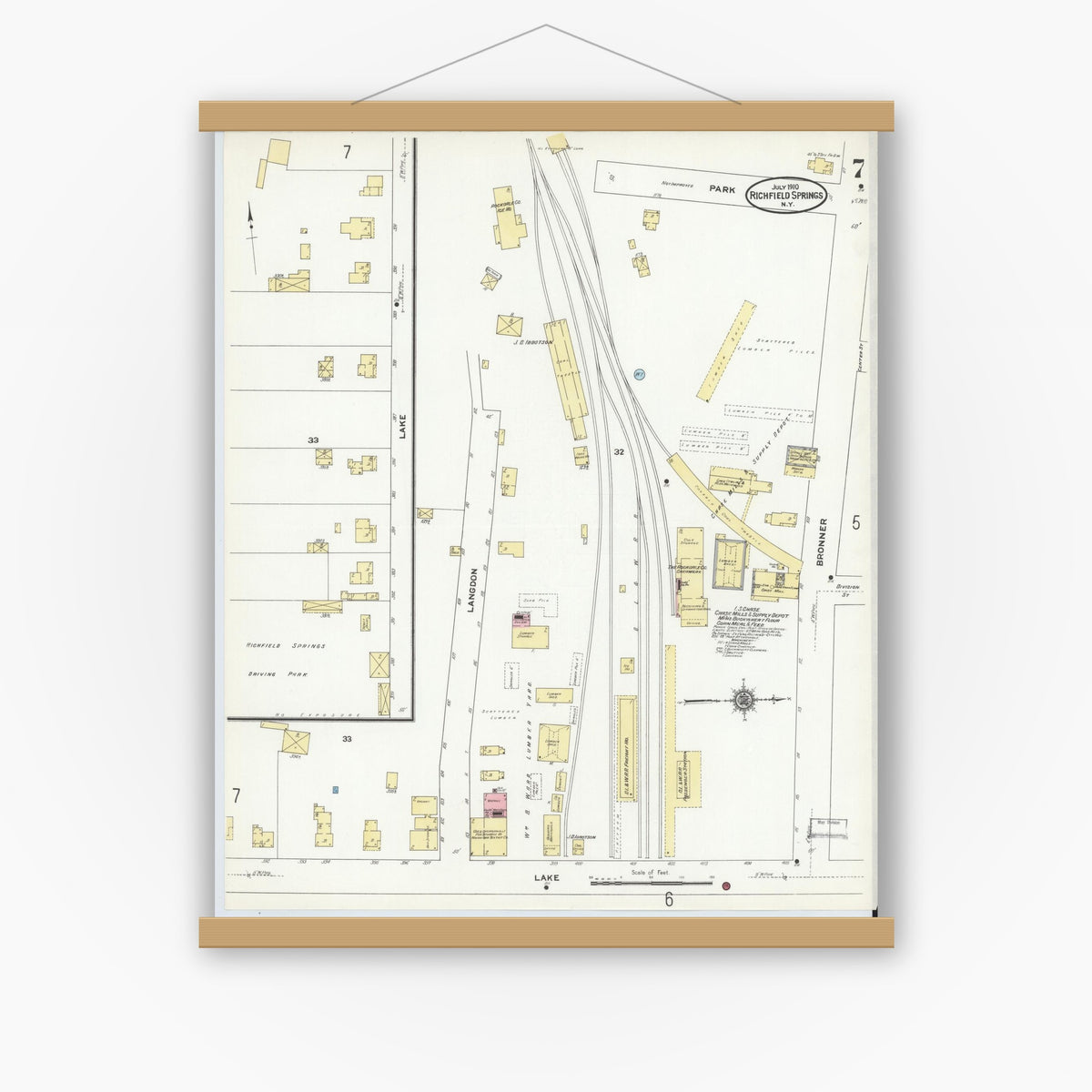 Old map wall art mockup — magnetic wood frame on white wall — Sanborn Fire Insurance Map from Richfield Springs, Otsego County, New York (1910), Sheet #0007